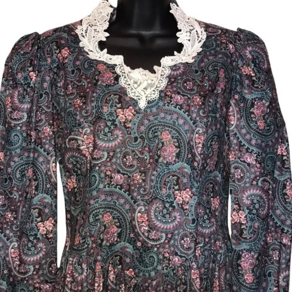 GUNNE SAX Jessica McClintock Vintage Tea Length Victorian Lace Puff Sleeve Dress